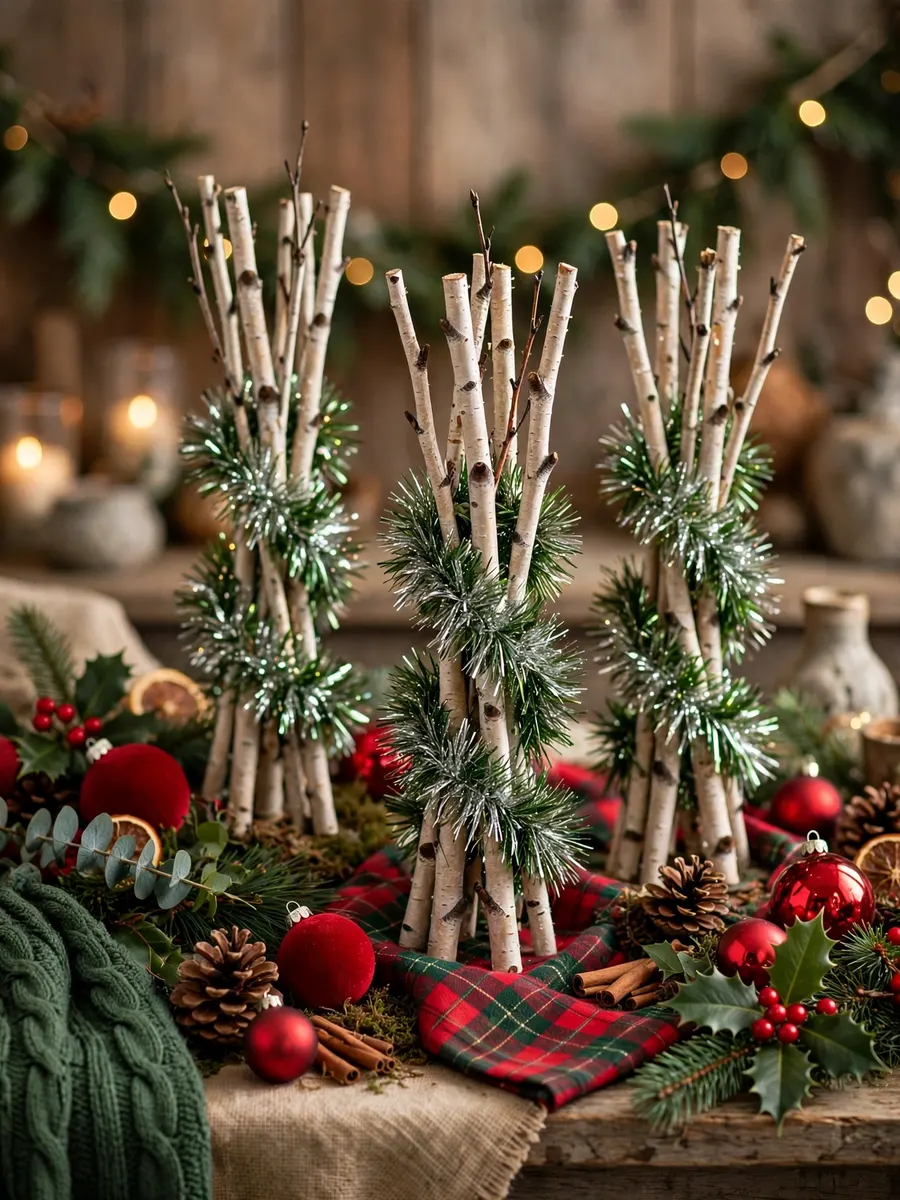 Birch Twig Tinsel Clusters idea for Red And Green Christmas Decorations