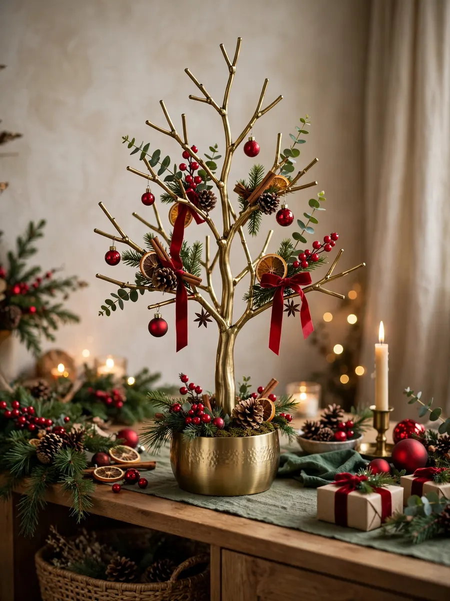 Brushed Brass Tree Styling idea for Red And Green Christmas Decorations