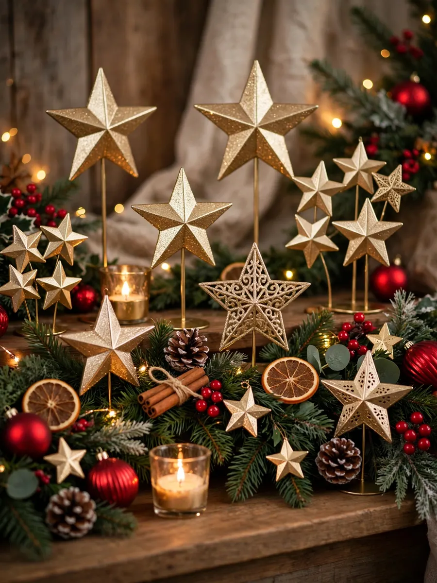 Champagne Gold Star Vignettes idea for Red And Green Christmas Decorations
