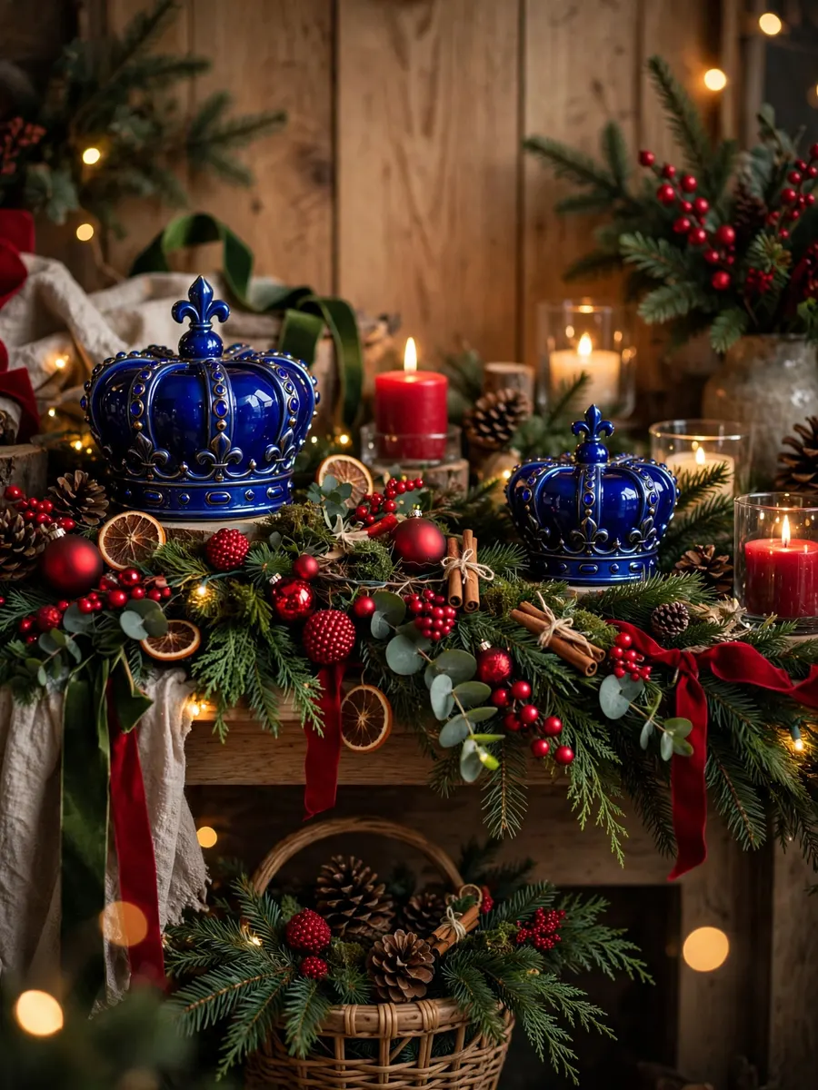 Cobalt Blue Crown Accents idea for Red And Green Christmas Decorations