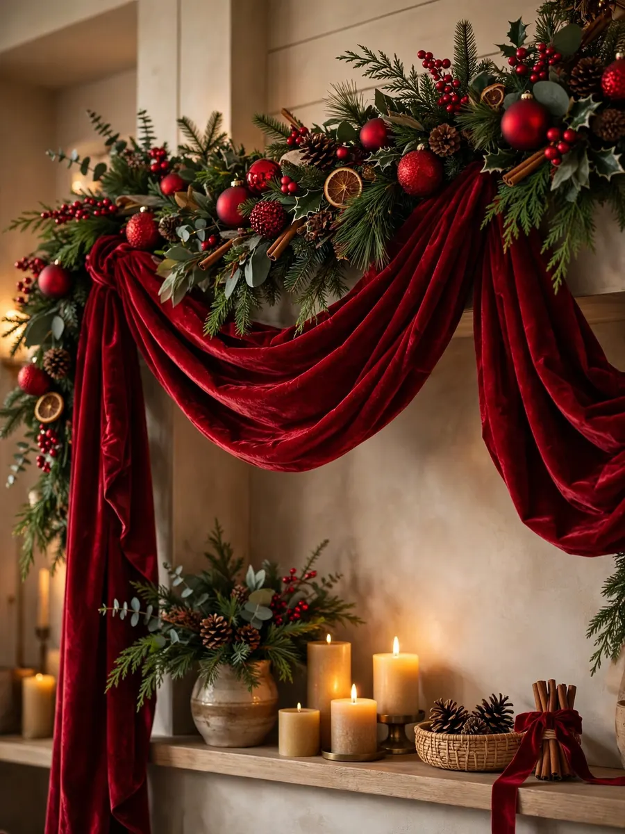 Crimson Velvet Swags Touches idea for Red And Green Christmas Decorations