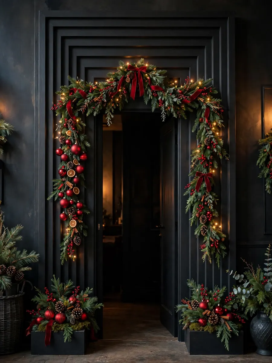 Matte Black Doorway Tiers idea for Red And Green Christmas Decorations