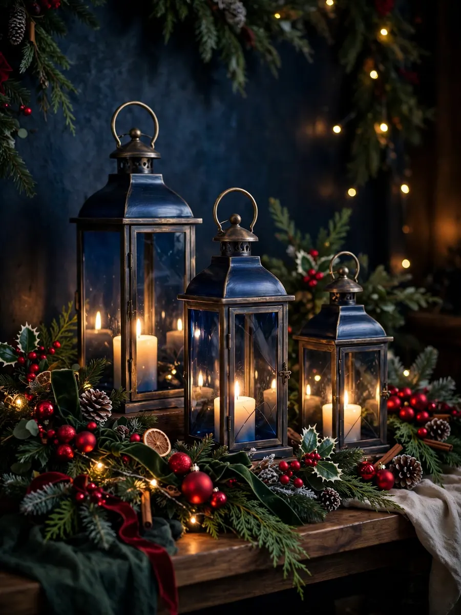 Midnight Sapphire Lanterns Touches idea for Red And Green Christmas Decorations