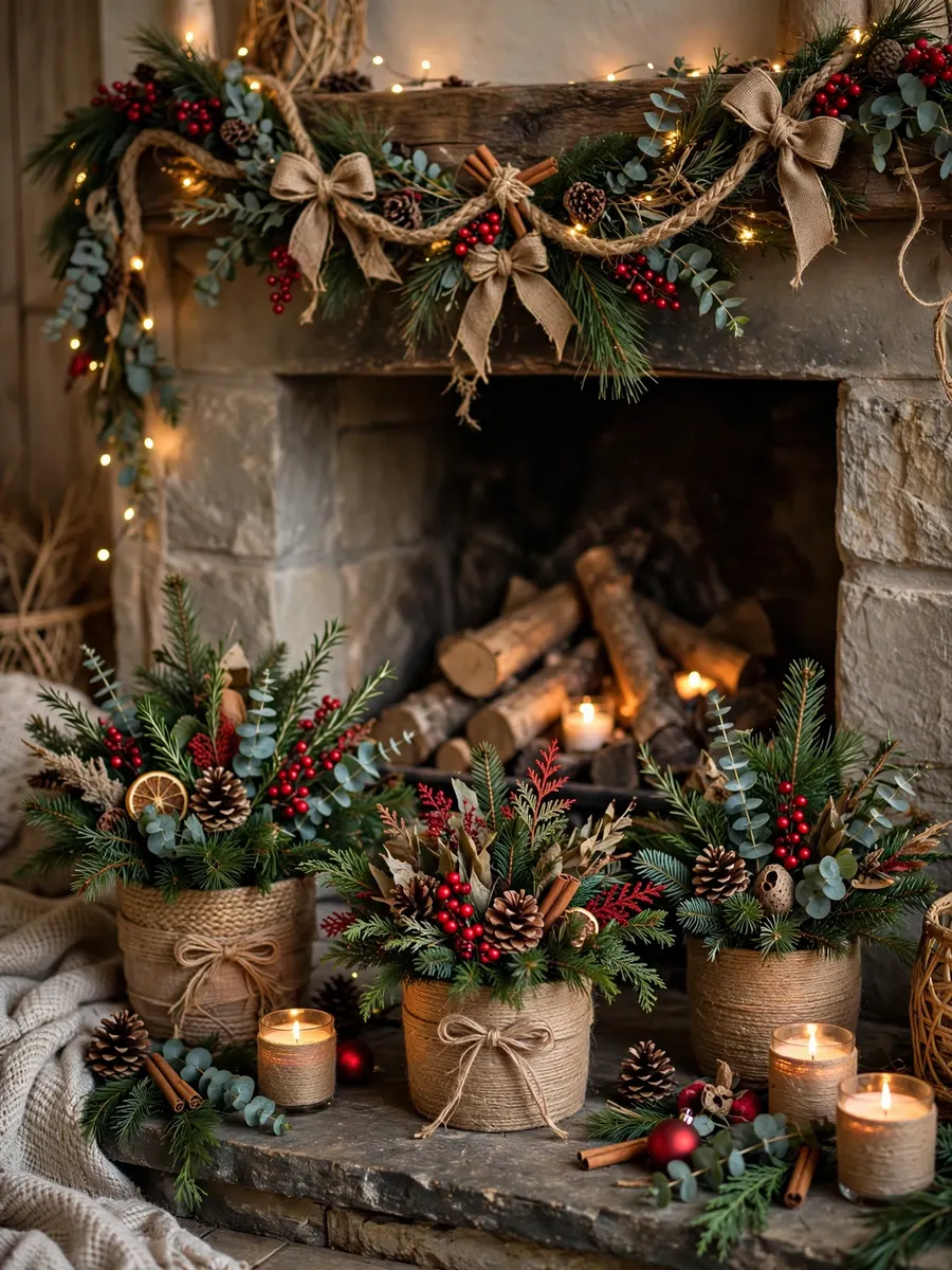 Natural Jute Hearth Arrangements idea for Red And Green Christmas Decorations