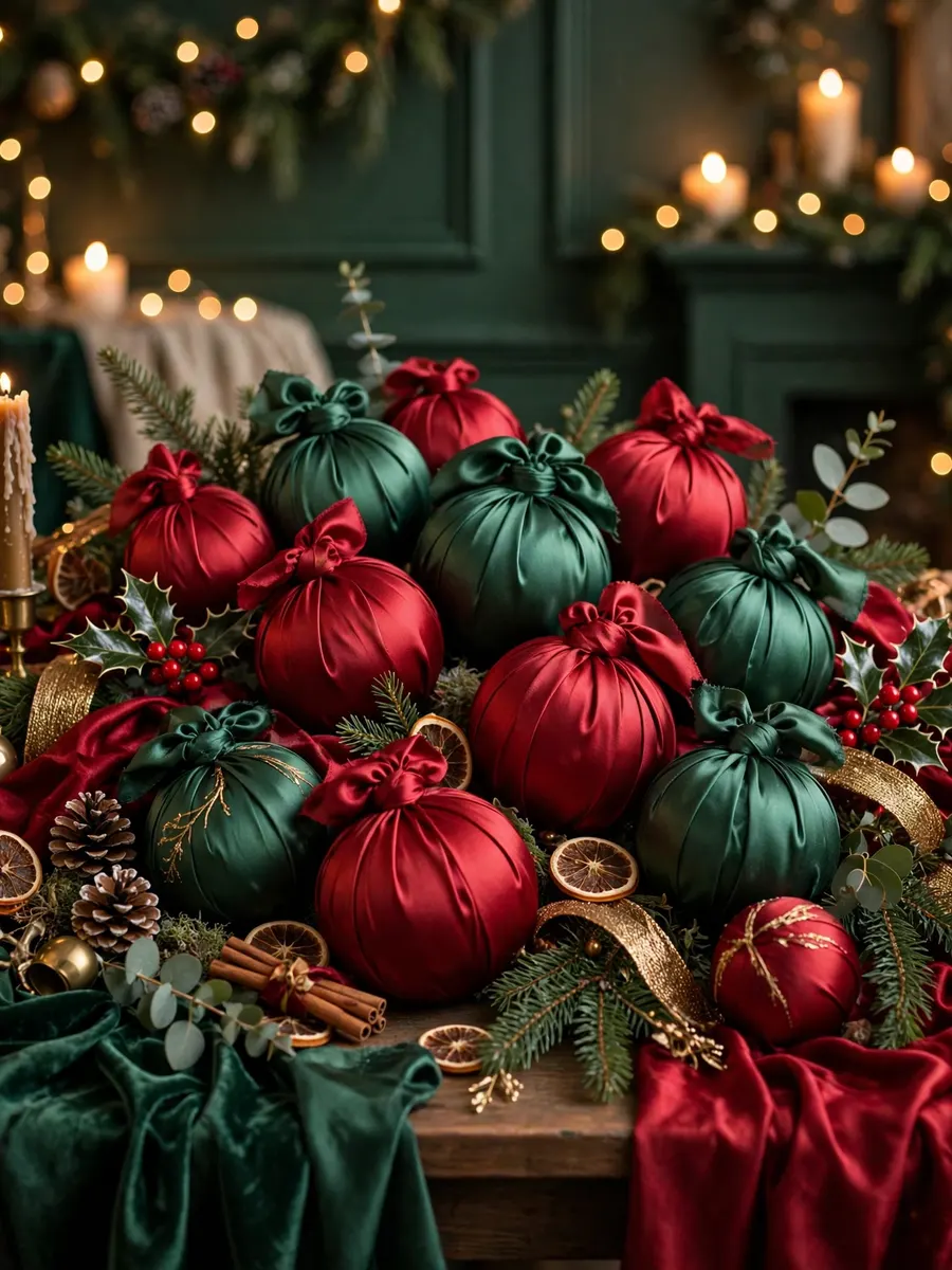 Opulent Silk Spheres Styling idea for Red And Green Christmas Decorations