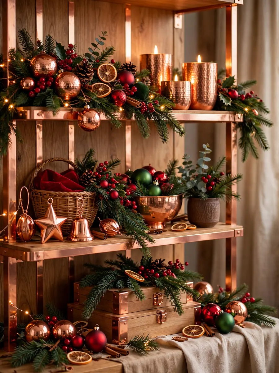 Polished Copper Wood Highlights idea for Red And Green Christmas Decorations
