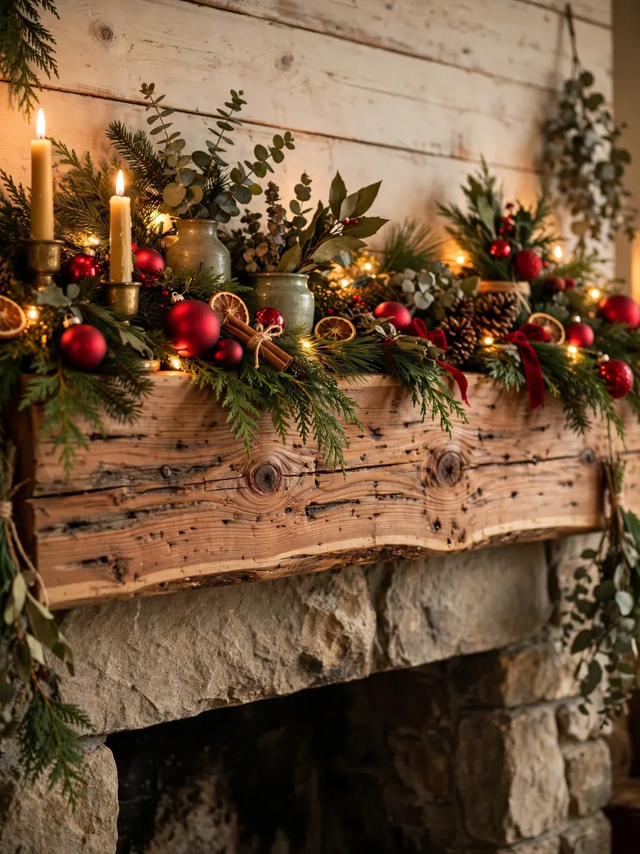Rustic Cedar Mantel Features idea for Red And Green Christmas Decorations