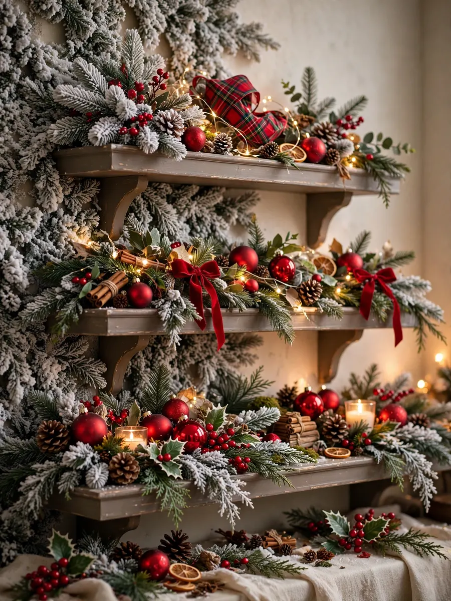 Snowy Flocked Wall Tiers idea for Red And Green Christmas Decorations