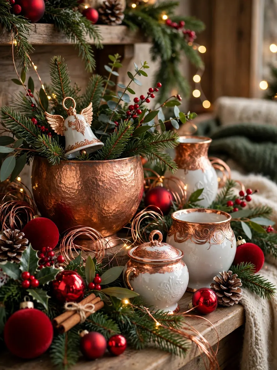 Spun Copper Porcelain Highlights idea for Red And Green Christmas Decorations
