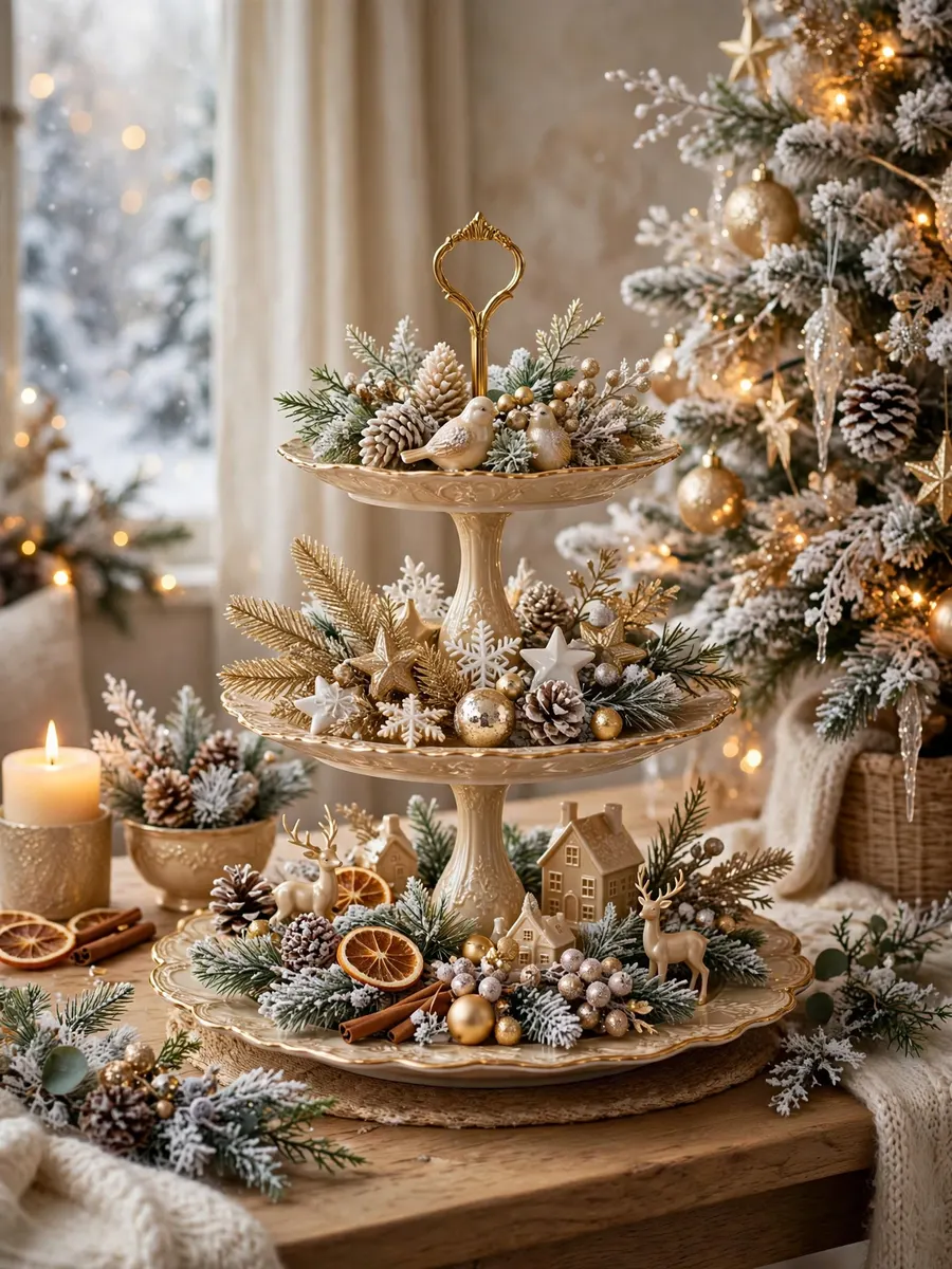Champagne Gold Porcelain Tiers idea for Winter Wonderland Christmas Tree Decorations