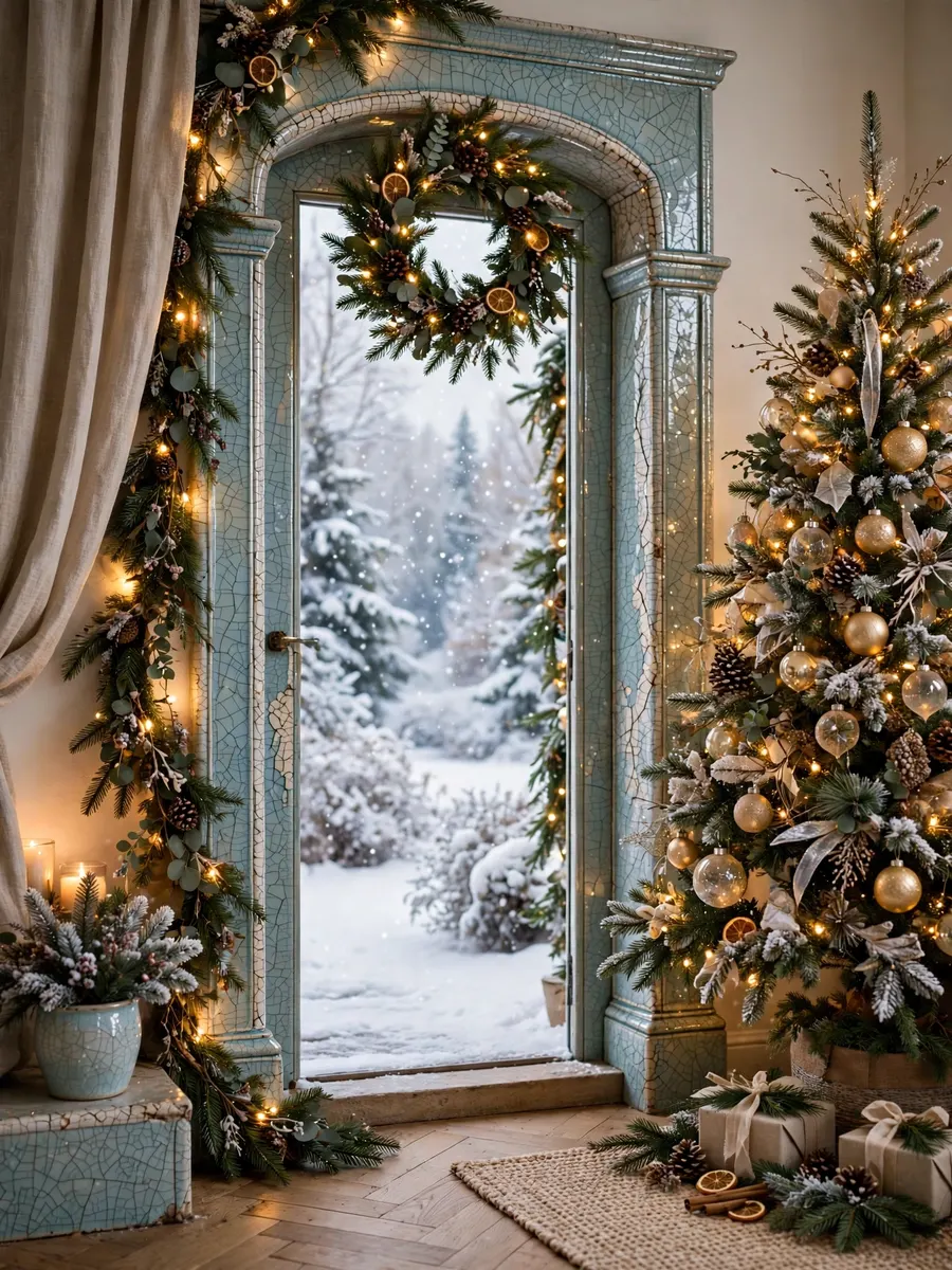 Crackle Glaze Doorway Features idea for Winter Wonderland Christmas Tree Decorations