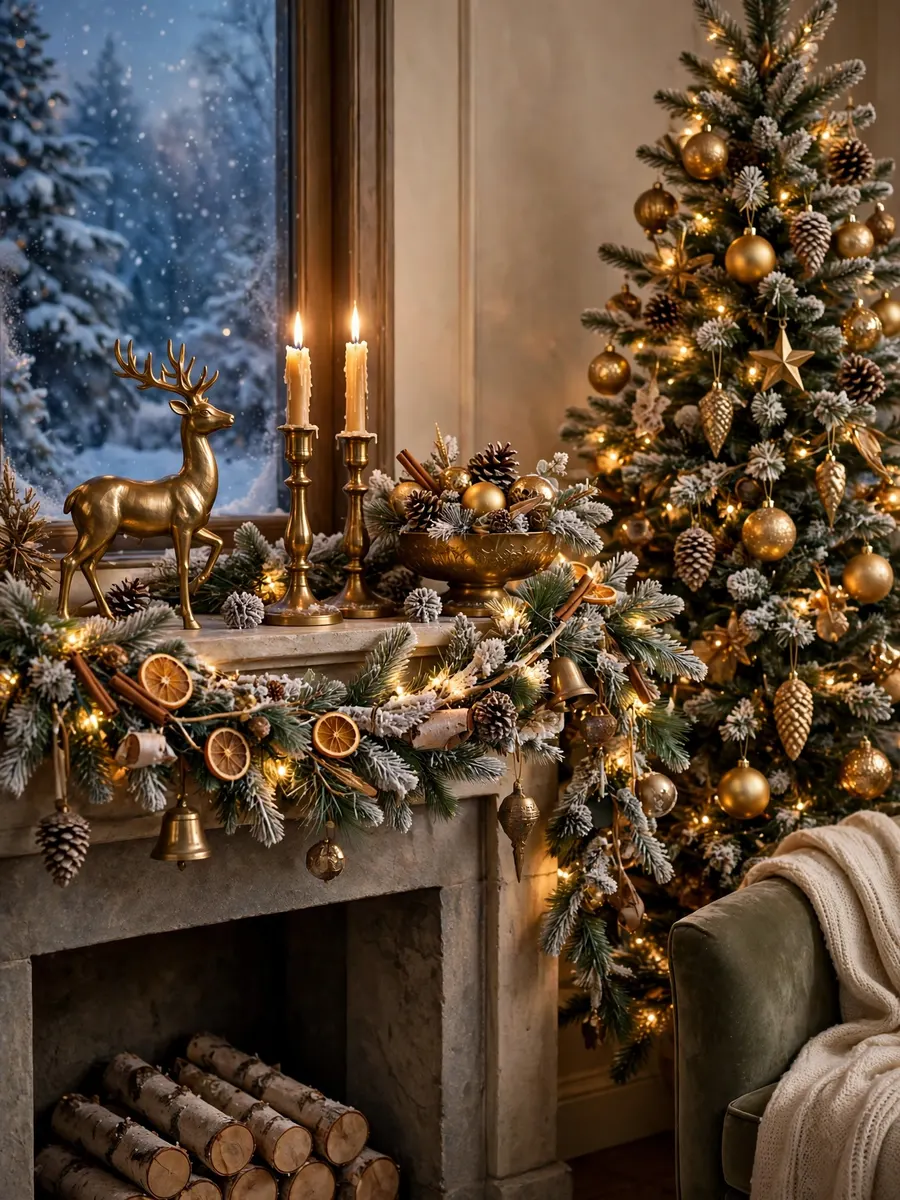 Golden Bronze Mantel Decor idea for Winter Wonderland Christmas Tree Decorations