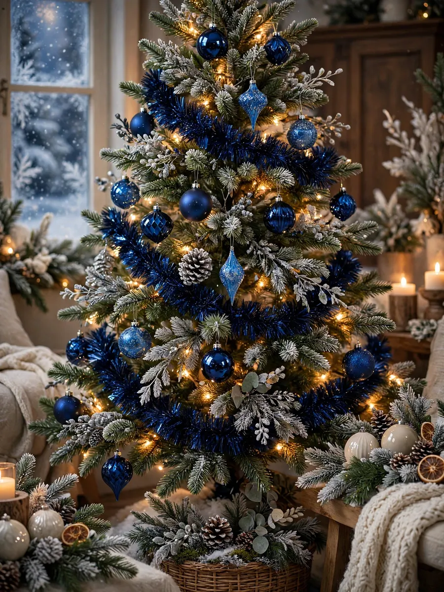 Midnight Sapphire Tinsel Accents idea for Winter Wonderland Christmas Tree Decorations