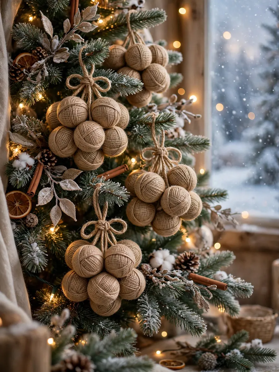 Natural Jute Baubles Clusters idea for Winter Wonderland Christmas Tree Decorations