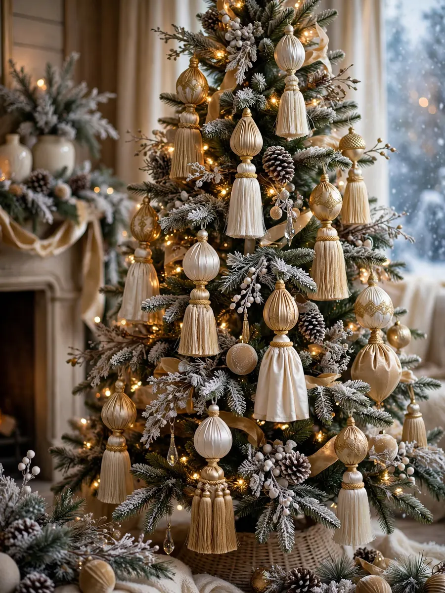 Opulent Silk Finials Highlights idea for Winter Wonderland Christmas Tree Decorations