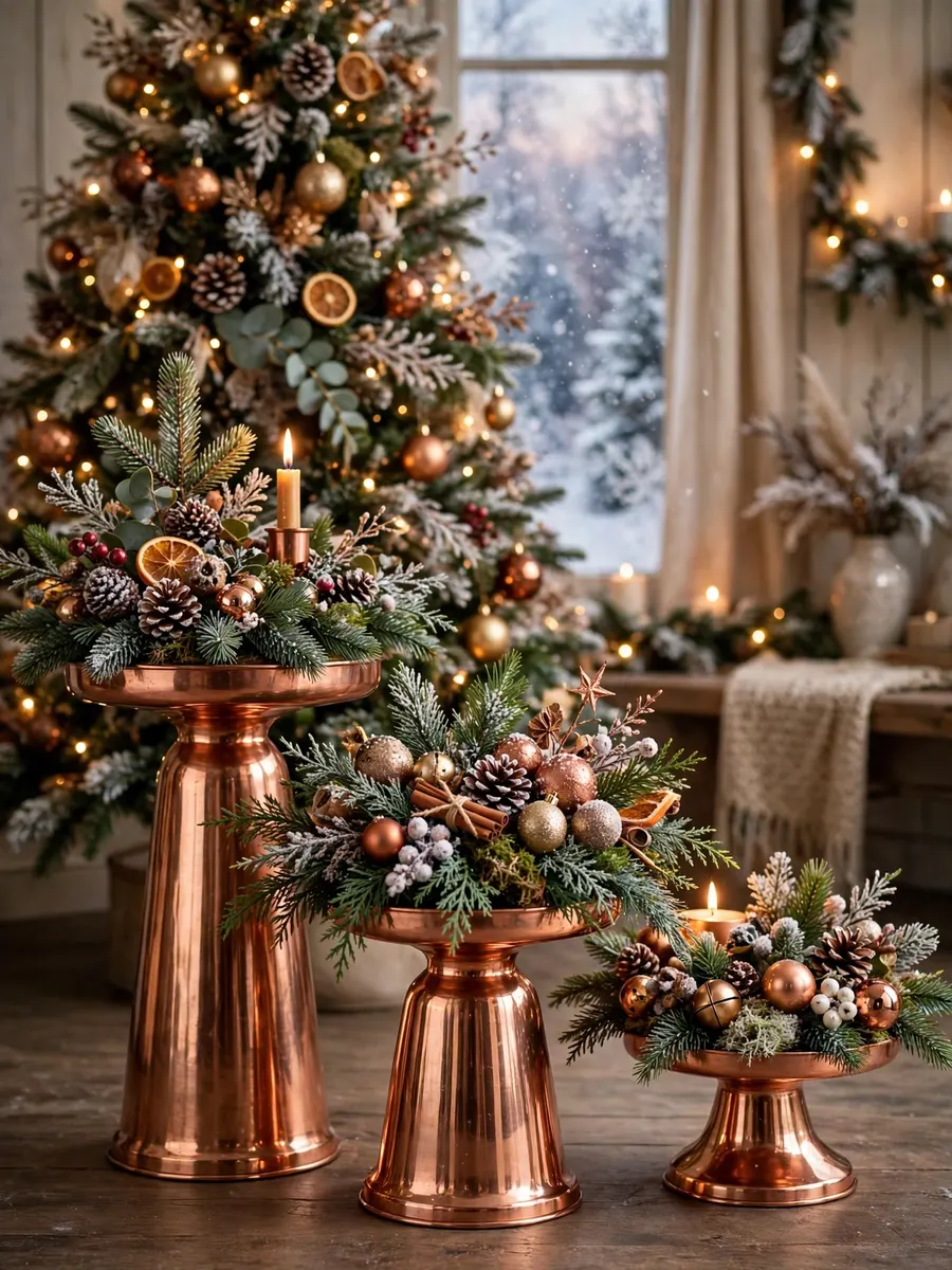 Polished Copper Pedestal Arrangements idea for Winter Wonderland Christmas Tree Decorations