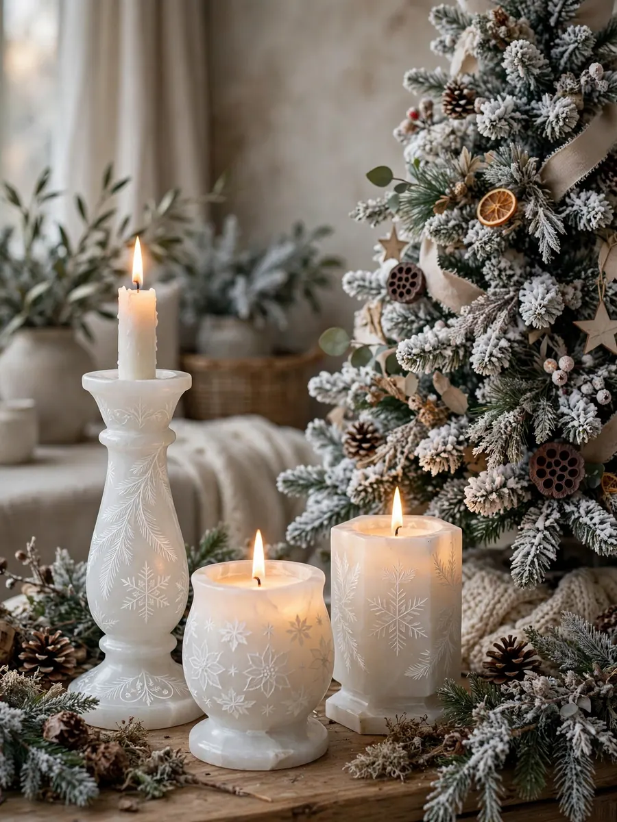 Etched white alabaster candle holders with warm glowing candles arranged beside a flocked winter wonderland Christmas tree