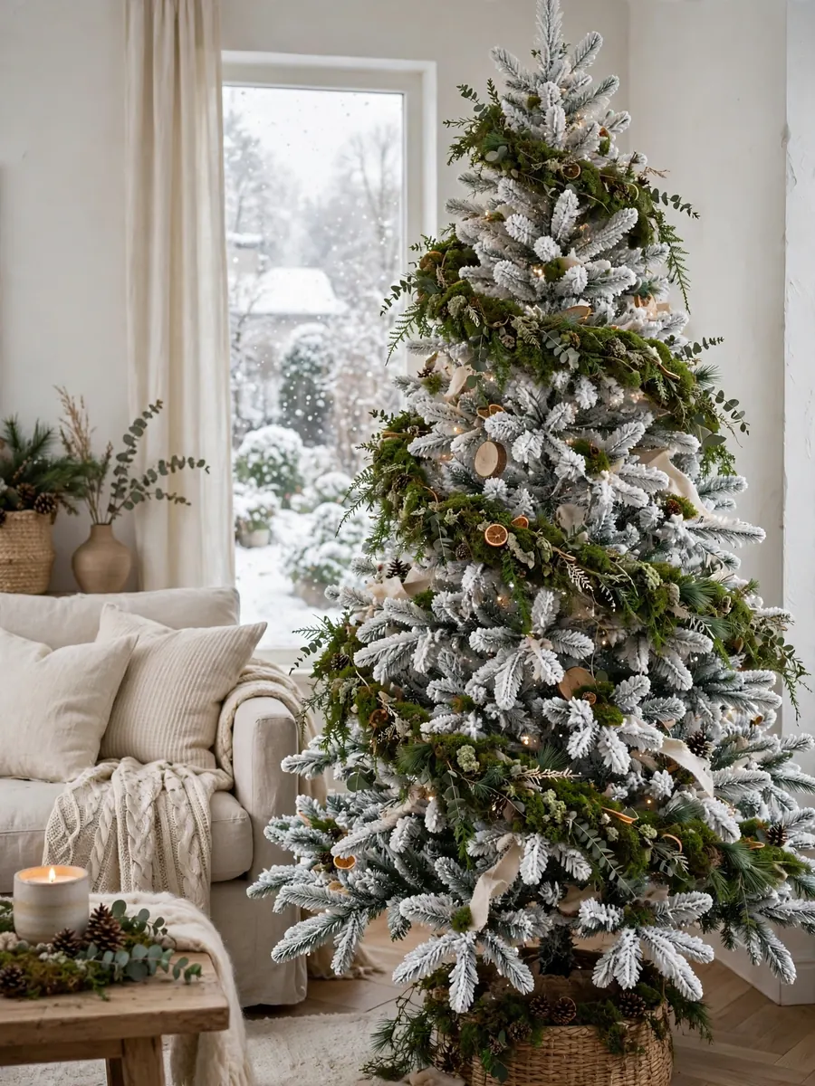 Winter wonderland Christmas tree decorated with a botanical moss garland and flocked snowy branches