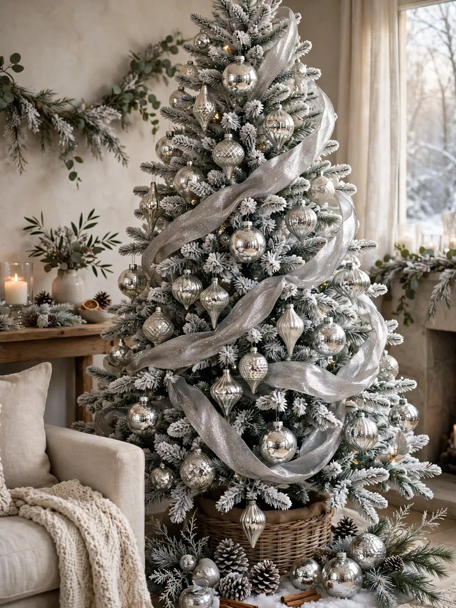 Winter white Christmas tree with mercury glass ornaments and shimmering silver ribbon