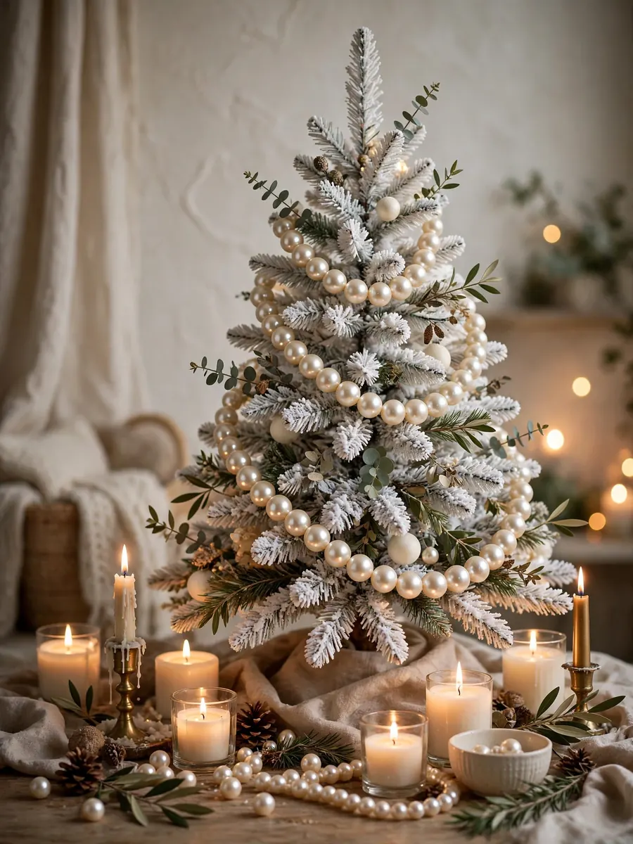 An elegant white Christmas tree vignette with a lustrous pearl bead border garland and soft candlelight