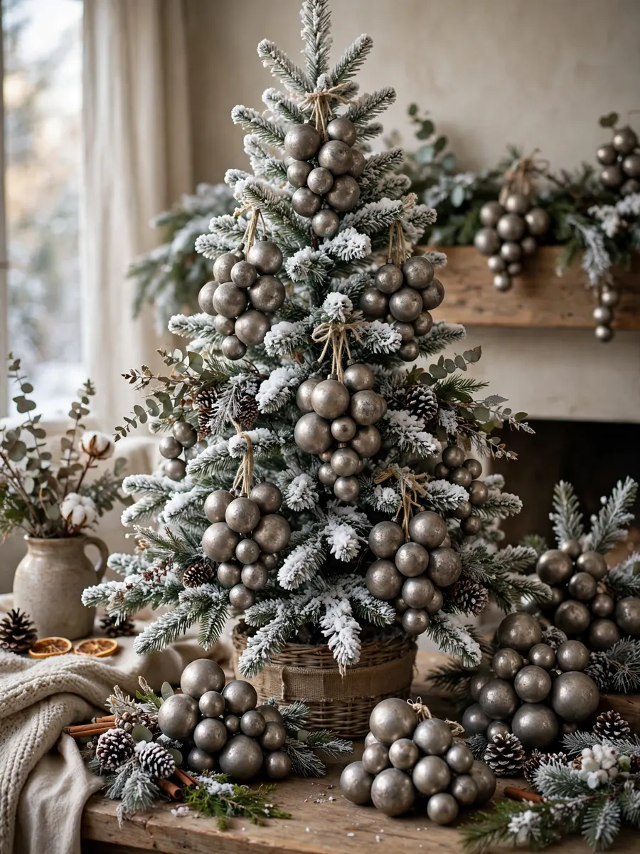 Clusters of aged pewter sphere ornaments in different sizes displayed on and around a snowy Christmas tree