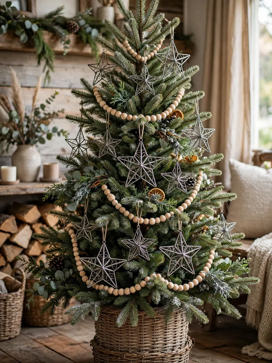 A rustic winter Christmas tree decorated with pewter wire star ornaments and natural wood bead garlands