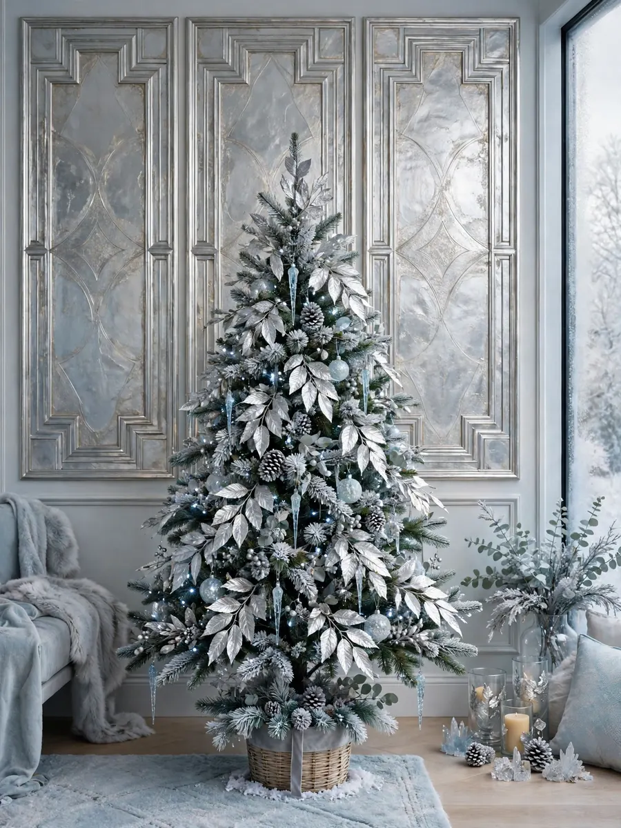 Christmas tree with silver leaf ornaments and elegant silver panel decor in an icy winter palette