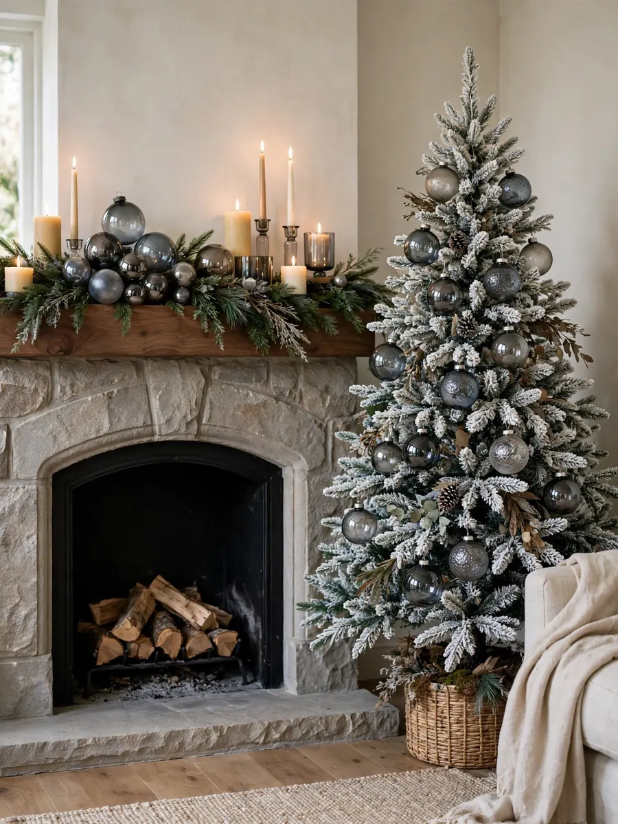 A mantel decorated with smoked glass baubles and candles above a fireplace, with a flocked tree beside it