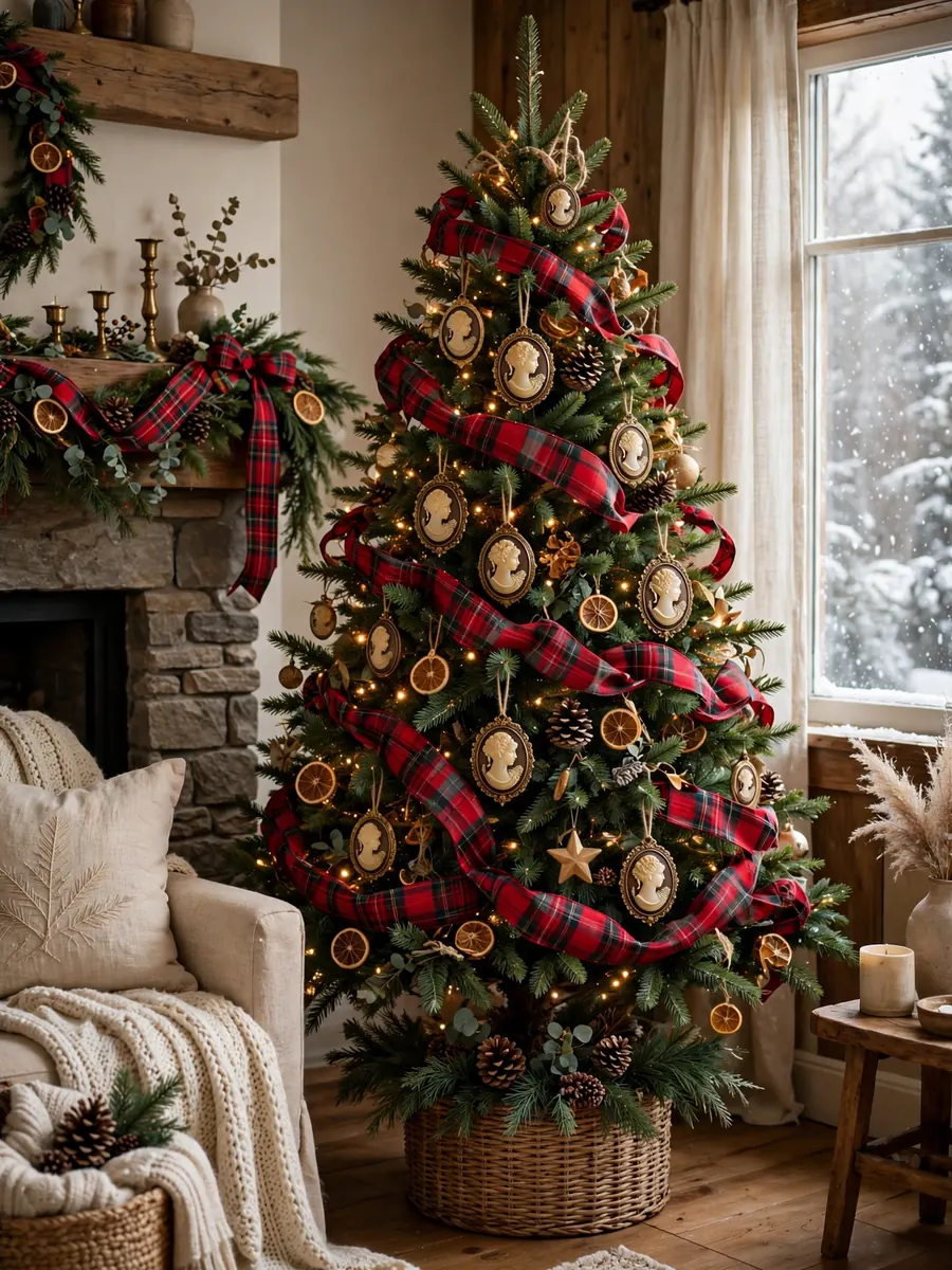 A Christmas tree decorated with red tartan plaid ribbon and vintage cameo ornaments in a cozy winter room