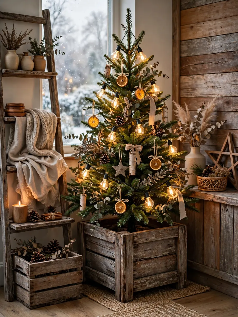 A winter Christmas tree corner with weathered teak wood decor and warm glowing filament bulb string lights