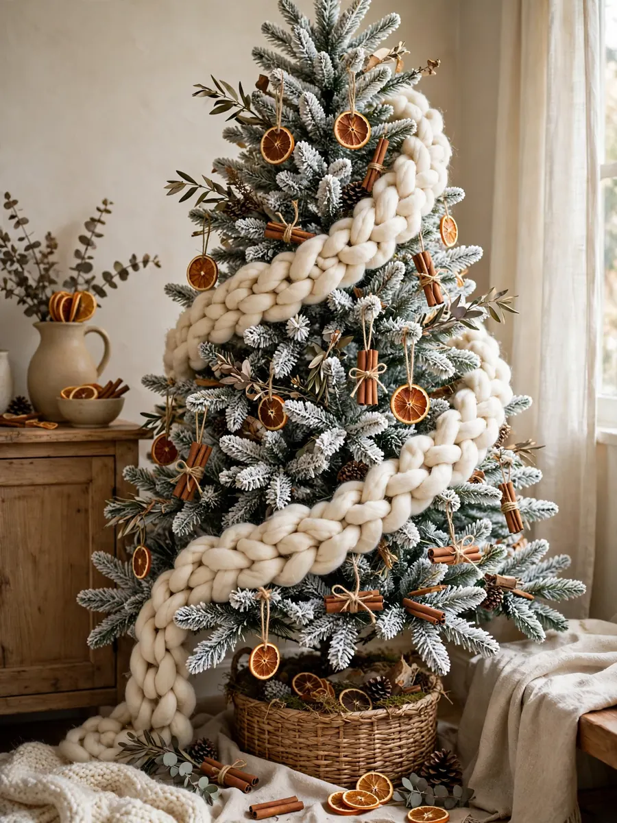 A flocked Christmas tree decorated with a chunky cream wool garland, cinnamon sticks and dried orange spice ornaments
